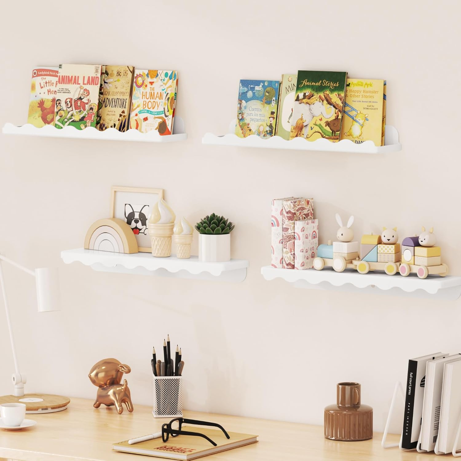 Lifewit Kids Bookshelf 4 Pack, 15" Floating Shelves for Wall Mounted, White Nursery Book Toy Hanging Racks for Baby/Toddler/Children in Bedroom, Living Room Decor image number 3