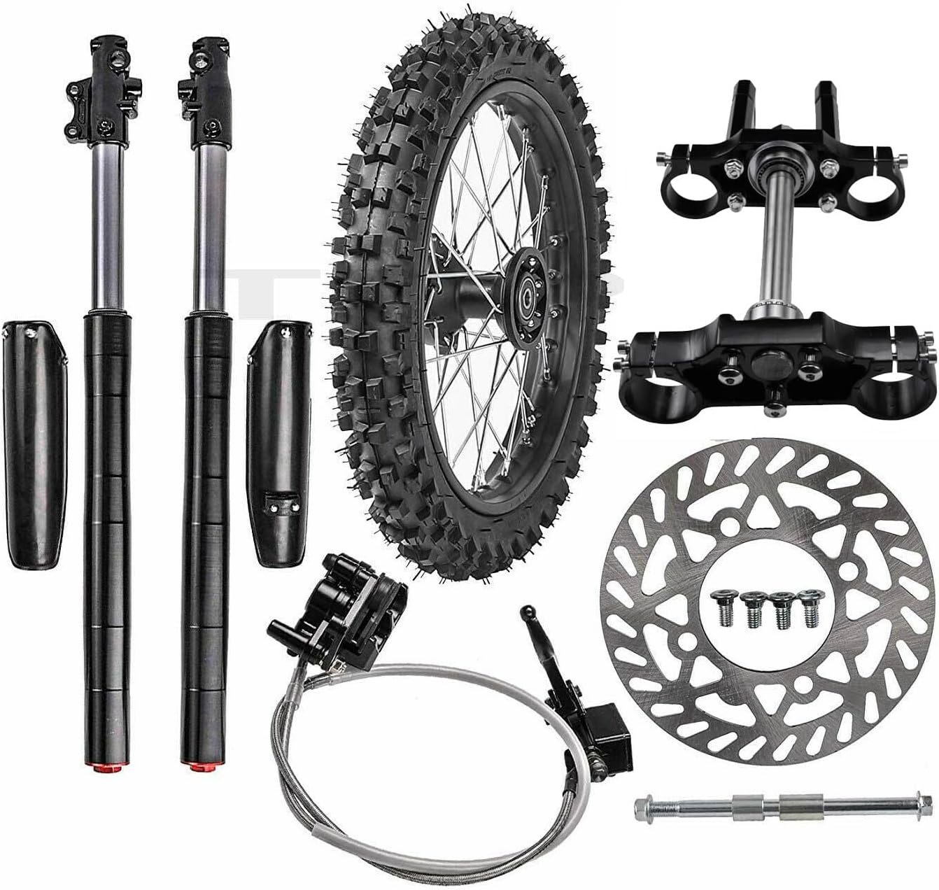 YC Yier Front Forks Shock Triple Assembly Front End + 14" Wheel 60/100-14 Tire and Rim Disc Brake Kit for Pit Dirt Bike Apollo Taotao SSR 70Cc 110Cc 125Cc 140Cc Motocross