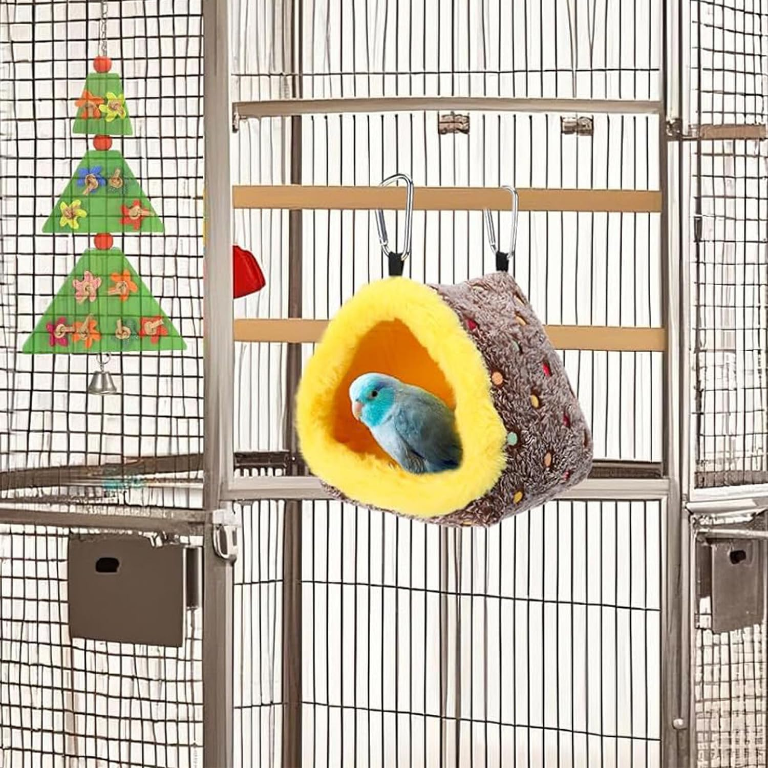 Taicols Bird Bed Parrot Nest Triangular Plush Winter Autumn Bird Hut Thermal Hanging Nest Sleeping Resting Bed for Medium and Large Parrots,Large Warm House, Cozy for Cage image number 3