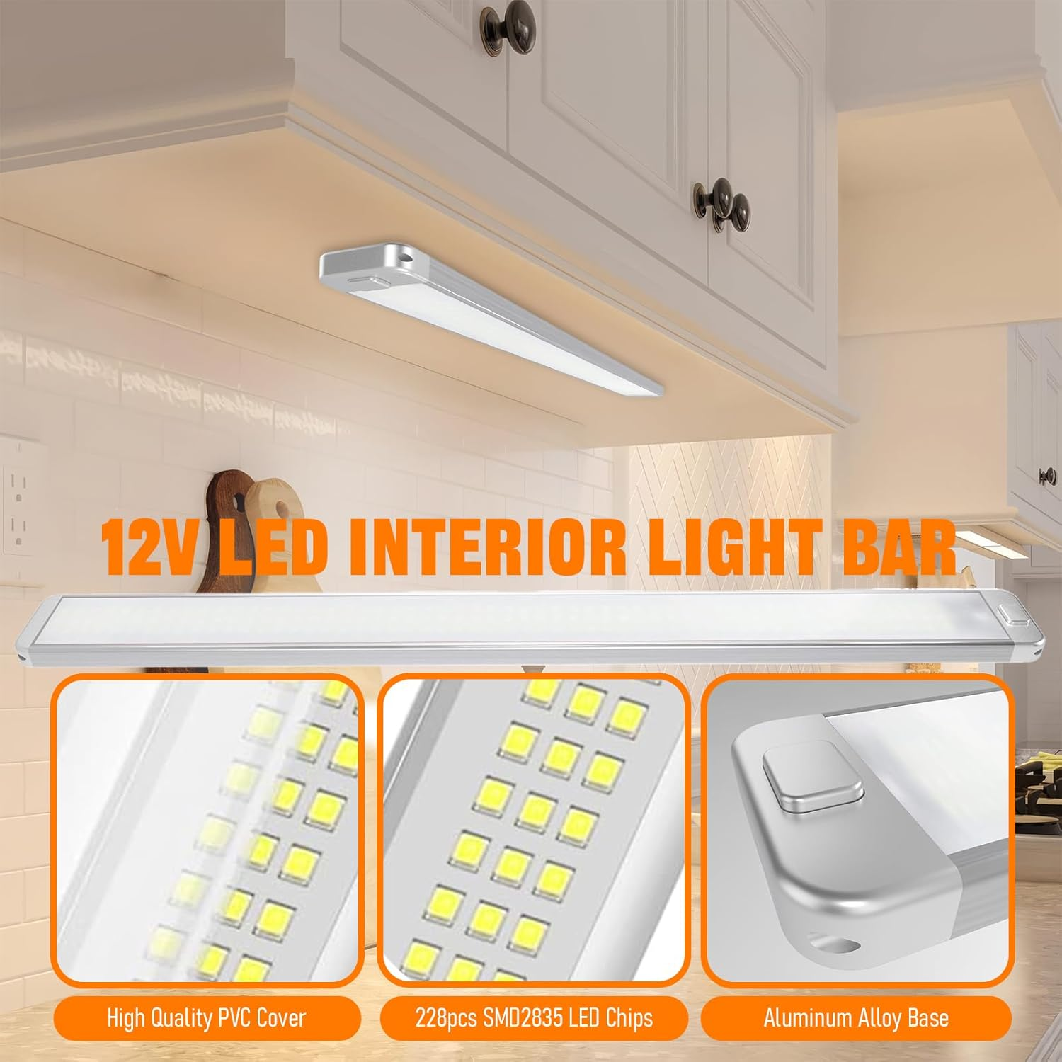 Chelhead 228 Leds Strip LED 2000LM LED Lamp 12 V 10 W 12 V Light Strip with On/Off Switch 42 Cm 6000 K Lamps Caravan Compatible with Car RV Truck Boat Pack of 2 (4) image number 3