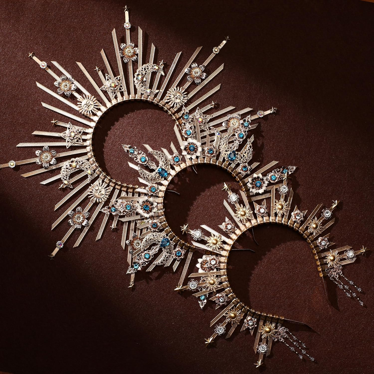 Partyforu Golden Goddess Halo Crown - Vintage Headband for Women Witch Costume Accessories Renaissance Cosplay image number 2