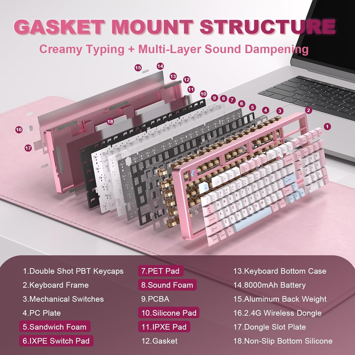 YUNZII AL98 QMK/VIA Wireless Mechanical Gaming Keyboard, Full Aluminum, BT/2.4G/USB-C, Pre-Lubed Hot Swappable Gasket Mount 1800 Layout, RGB Backlit for Win/Mac (Pink, Cocoa Cream V2 Switch) image number 3