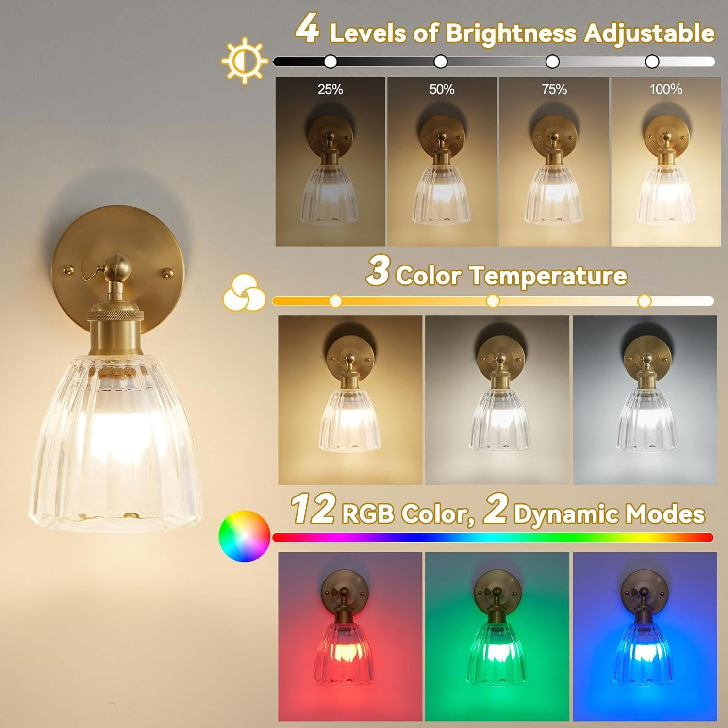 Battery Operated Wall Sconces Set of 2, Glass Lampshade Rechargeable Wall Light with Dimmable RGB Bulbs, Wireless Wall Sconces with Adjustable Lighting Angle for Bedroom, Bathroom, Hallway, Doorway