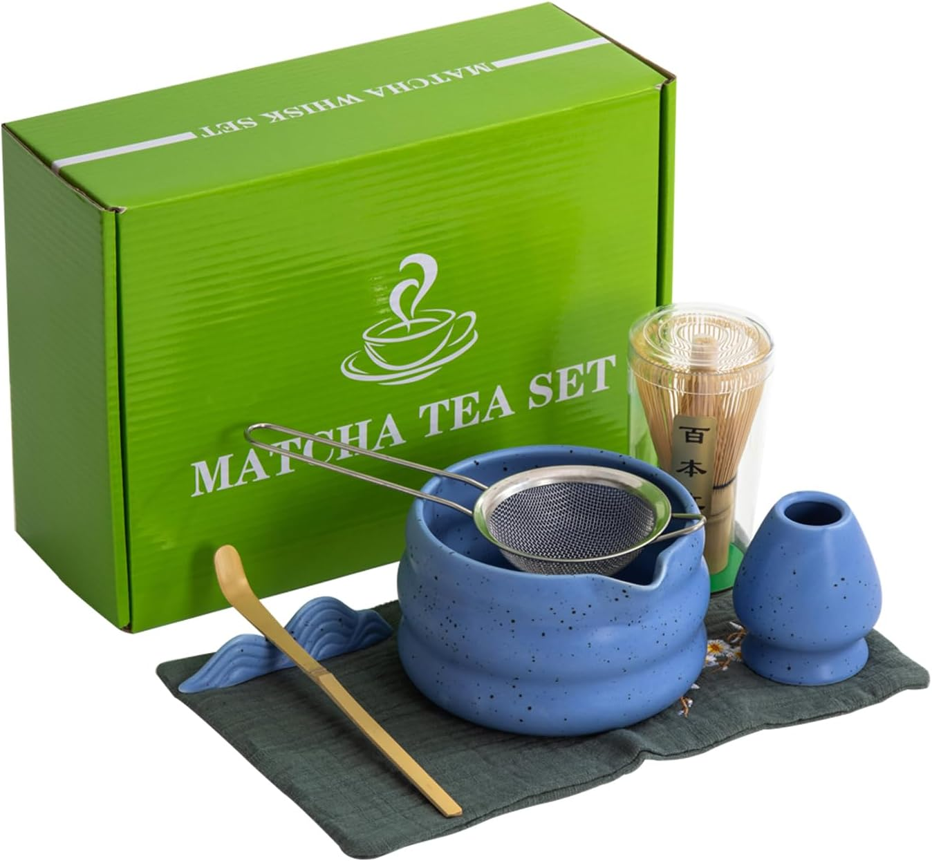 7Pcs Japanese Matcha Tea Set, Matcha Kit with Matcha Bowl (With Pouring Spout), Matcha Whisk, Whisk Holder, Strainer - Elegant Matcha Set for Gifting and Personal Use, Gift Box Packaging (White)