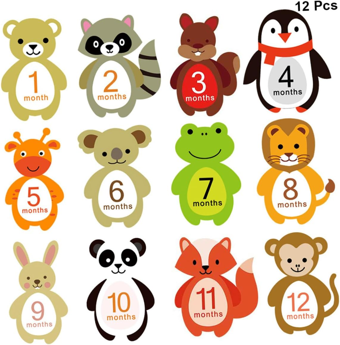 SHOWERORO 12Pcs Monthly Stickers Self-Adhesive Milestone Decals Animal Cartoon Design for Newborn Photo Props image number 3