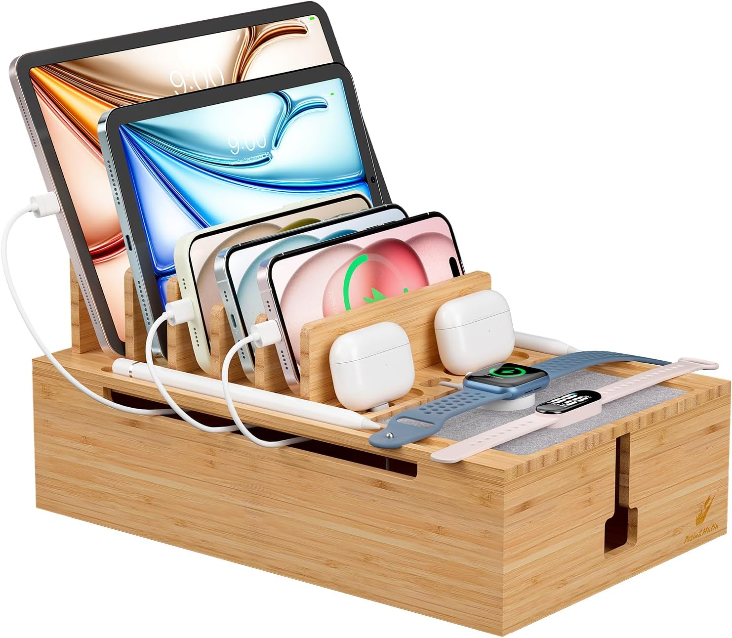 Pezin & Hulin Bamboo Charging Station for Multiple Devices, USB Charger Dock Organizer, with Power Supply (10 Ports HUB), 6 Cables, Cable Management Organizer for Cell Phones, Tablets -Natural+White