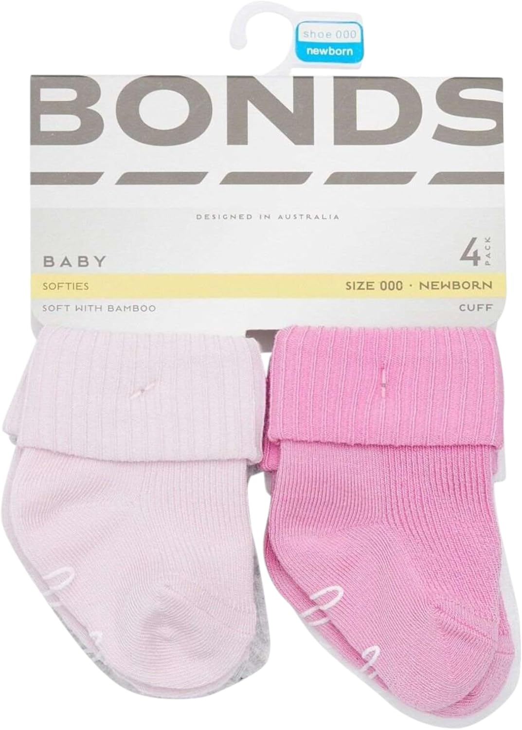 4 X Bonds Baby Super Soft Bamboo Cuff Pink/Grey/White Socks image number 1