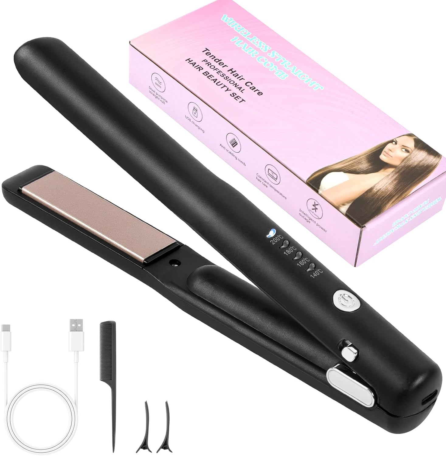 Alaoo Wireless Hair Straightener, 2 in 1 Ceramic Hair Straightener, 4 Temperature, Adjustable Temperature 140 &deg;C - 200 &deg;C, Curler Straightener for Women, Holidays, Travel, Camping Styling, Black