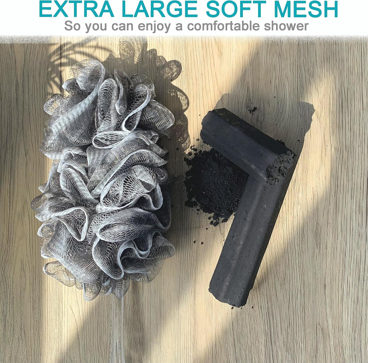 2PACK Bamboo Charcoal Fiber Exfoliating Loofah Luffa Loofa Bath Back Brush on a Stick - Long Handle with Radian Is Ergonomic for Men and Women - Shower Sponge Body Back Scrubber image number 1