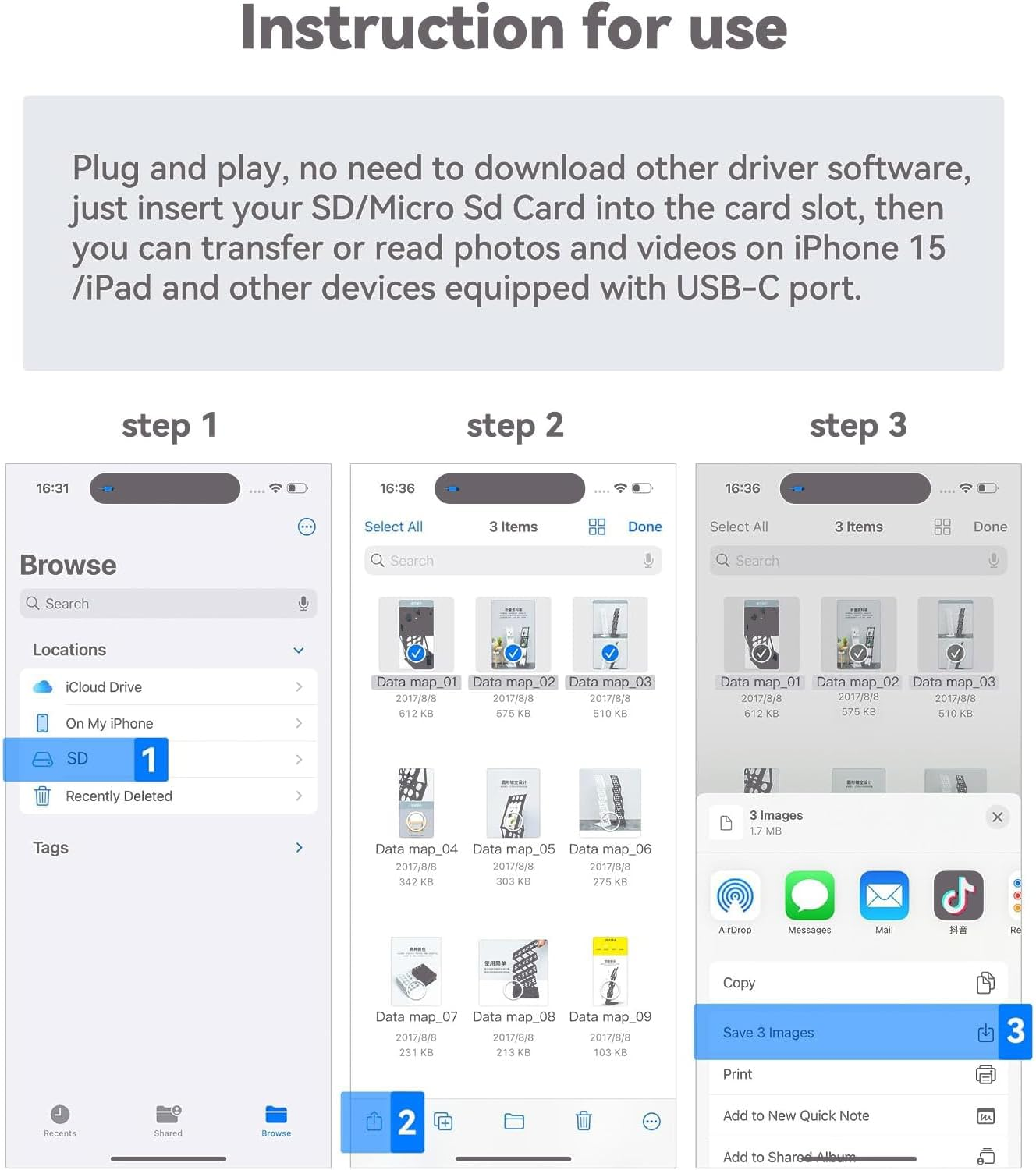 SD Card Reader for Iphone 15/16, Digital Camera Adapter Supports Micro SD Type C Memory Card Adapter, Trail Camera Viewer Plug and Play for Iphone 16/15/Ipad/Macbook/Imac/Galaxy/Android - 2 Slots image number 3