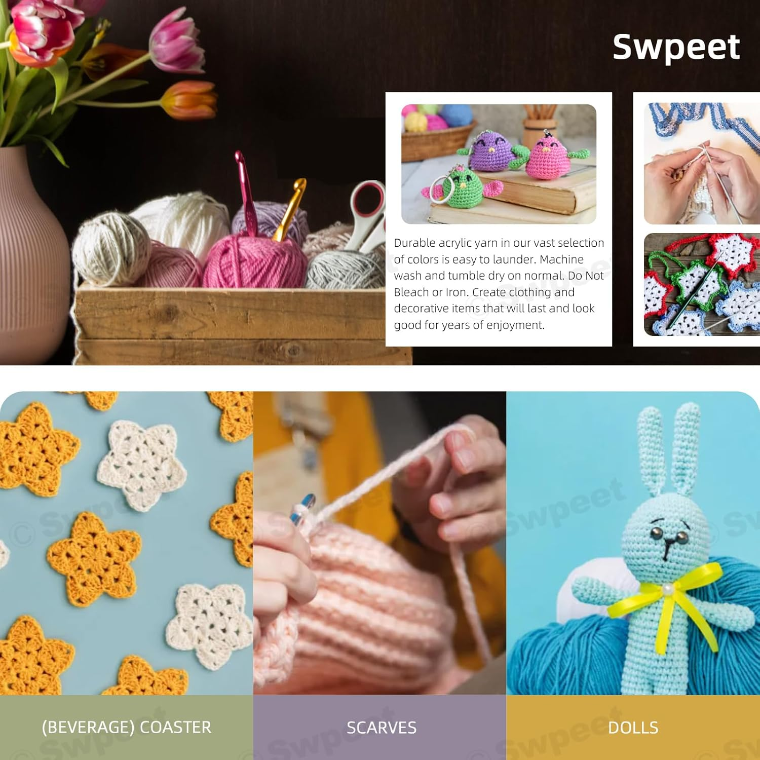 Swpeet 51Pcs Crochet Yarn Kit, Including 32Pcs Multicolor Acrylic Yarn Skeins, 10Pcs Stitch Markers, 6Pcs Plastic Knitting Needle, 2Pcs Crochet Hooks and 1Pc Bag for Crocheting and Knitting image number 1