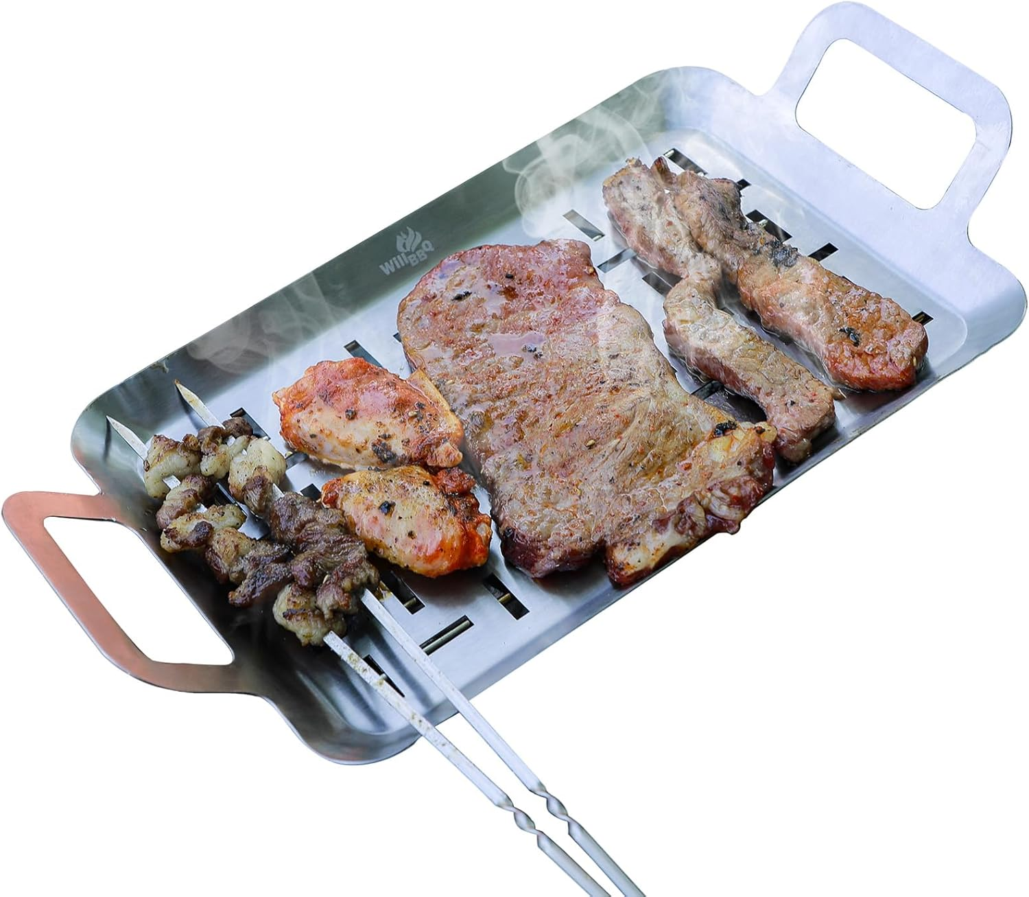 Willbbq Heavy-Duty BBQ Grill Plate Topper &ndash; Stainless Steel Tray with Handles for Grilling, BBQ, Outdoor & Kitchen image number 3