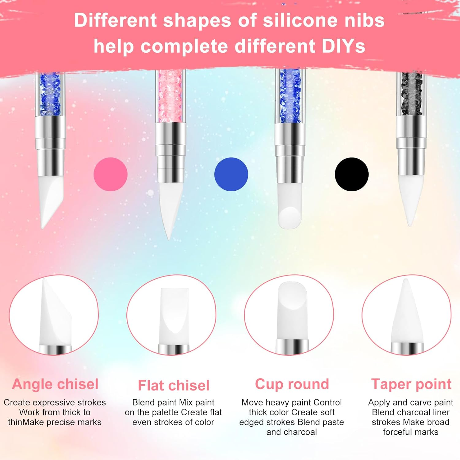 3 Pcs Nail Art Sculpture Pen, Dual Tipped Silicone Nail Tools, Silicone Head Acrylic Handle Nail Art Brushes, Rhinestone Nail Polish Carving Pen, Nail Art Tools for Home Salon(Black, Pink, Royal Blue) image number 3