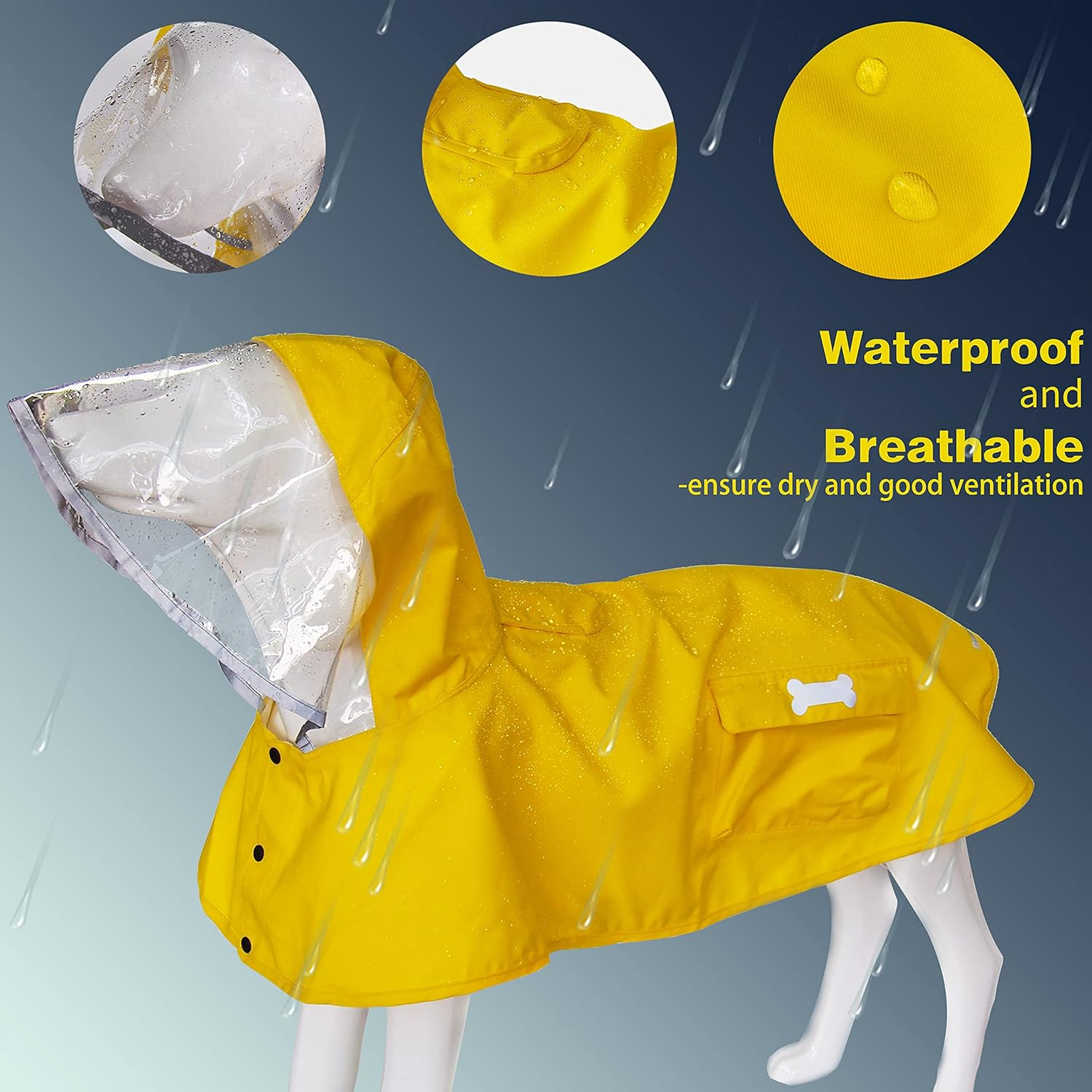 Waterproof Dog Raincoat, Adjustable Reflective Lightweight Pet Rain Clothes with Poncho Hood (Large, Yellow) image number 2