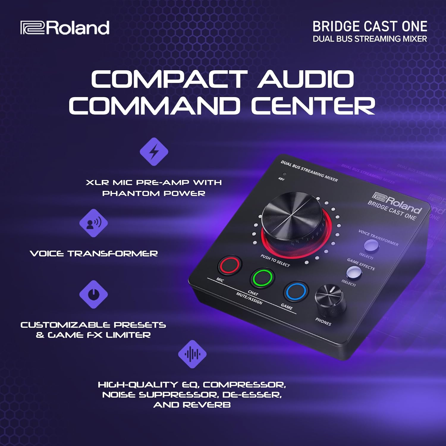 Roland Bridge Cast One Dual Bus Streaming Mixer, Compact Audio Streaming Mixer, for Online Gamers & Content Producers, 32-Bit Hardware DSP, USB-C Connection for Windows and Mac