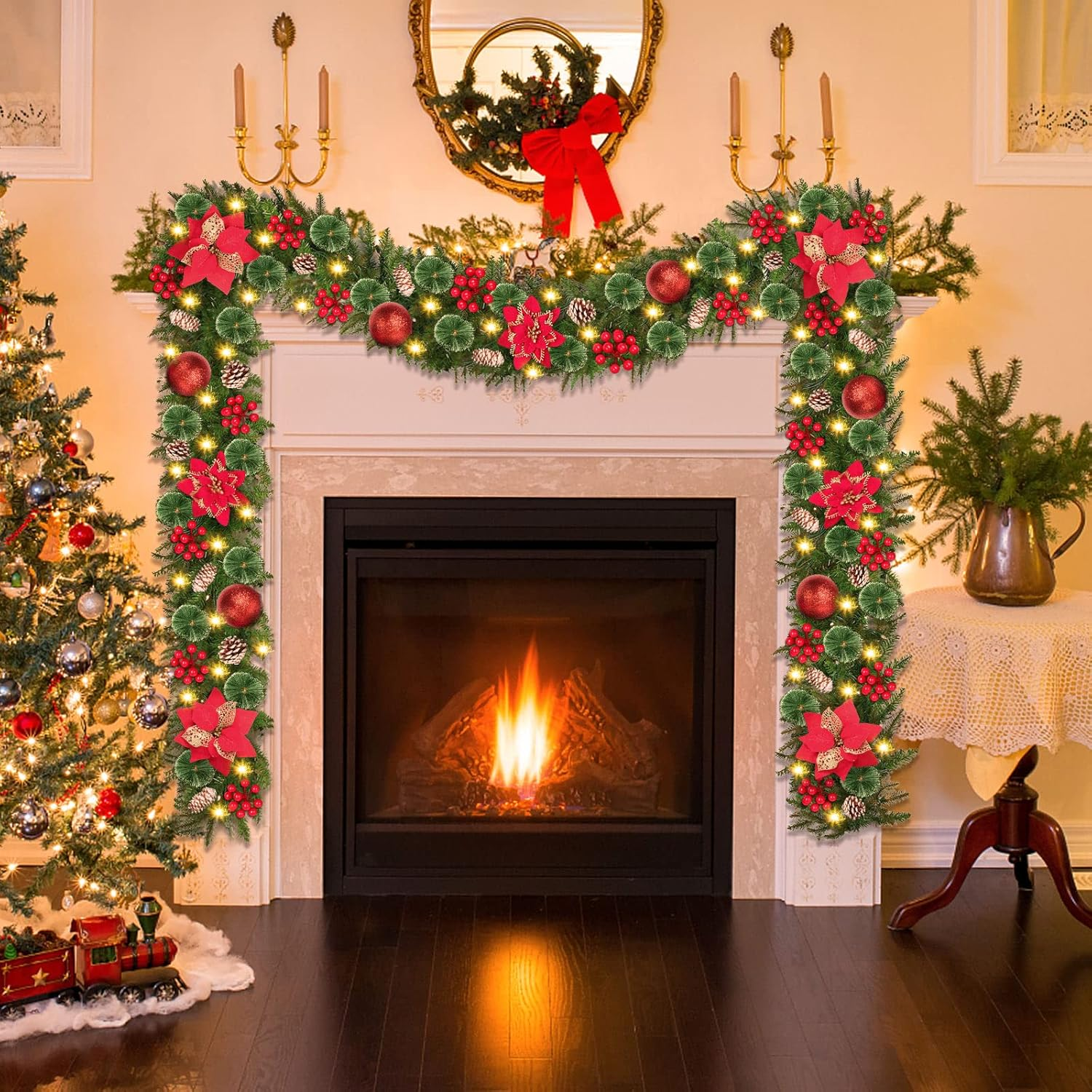 9Ft Christmas Garland with 30 Leds, Artificial Indoor/Outdoor Decorations, PVC & Rattan Material, Red Color, Perfect for Trees, Fireplace, Doors & More image number 2