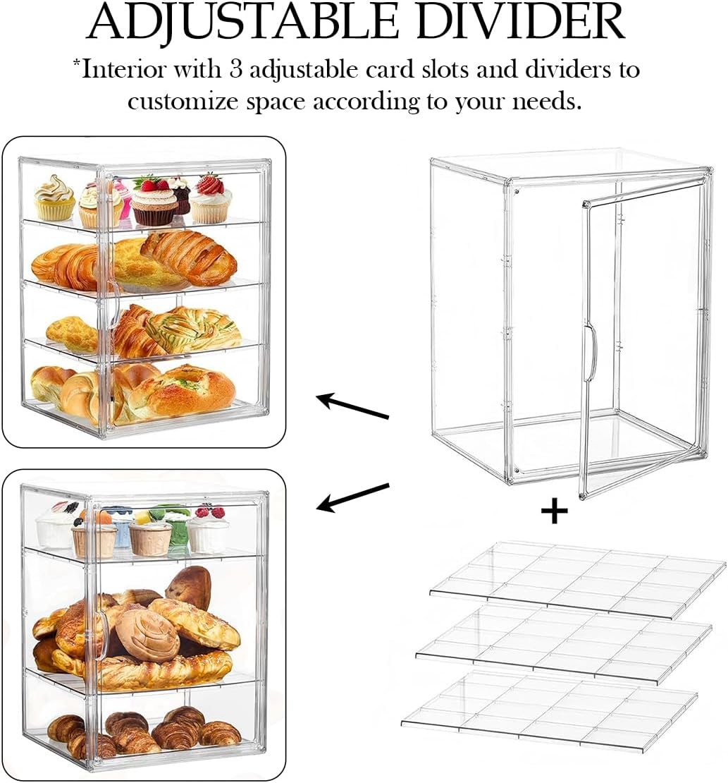 Blissify Pastry Display Case, 4 Layers Adjustable Clear Cookie Display, Acrylic Bread Storage Container with Magnetic Door, Bakery Display Case Countertop for Bread, Bagel, Muffins image number 4