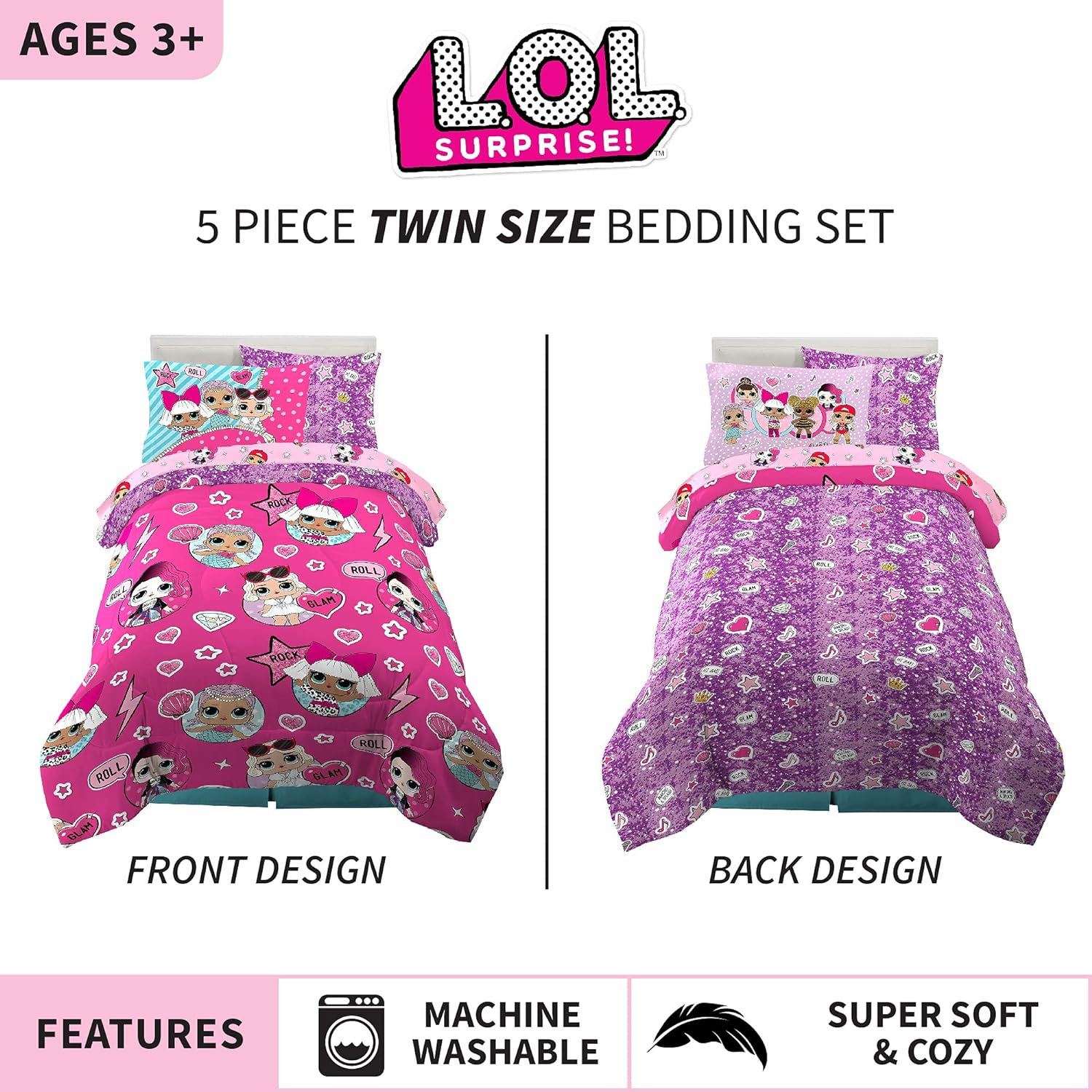 Franco 6A1388 Kids Bedding Super Soft Comforter and Sheet Set with Bonus Sham, 5 Piece Twin Size, LOL Surprise