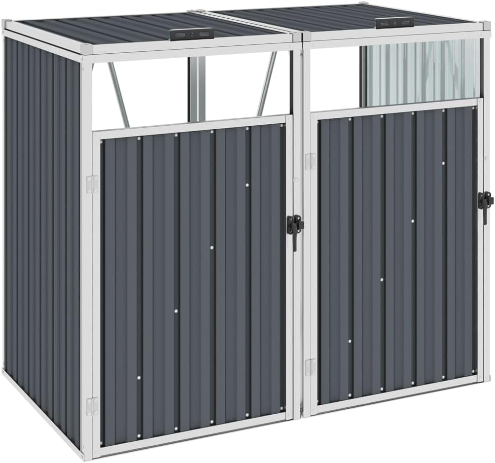 Double Garbage Bin Shed Grey 143X81X121 Cm Galvanised Steel Storage for Wheelie Bins, Weather-Resistant with Lifting Lids image number 1