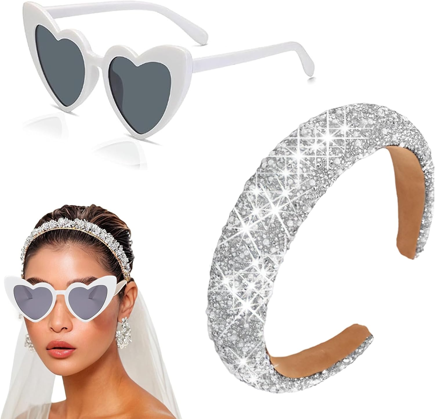 Jga Accessories Women, Bride to Be Headband with Rhinestones, Heart Sunglasses, Set of 2 in Silver and Porcelain White, Perfect for Bride Party and Stag Night image number 3
