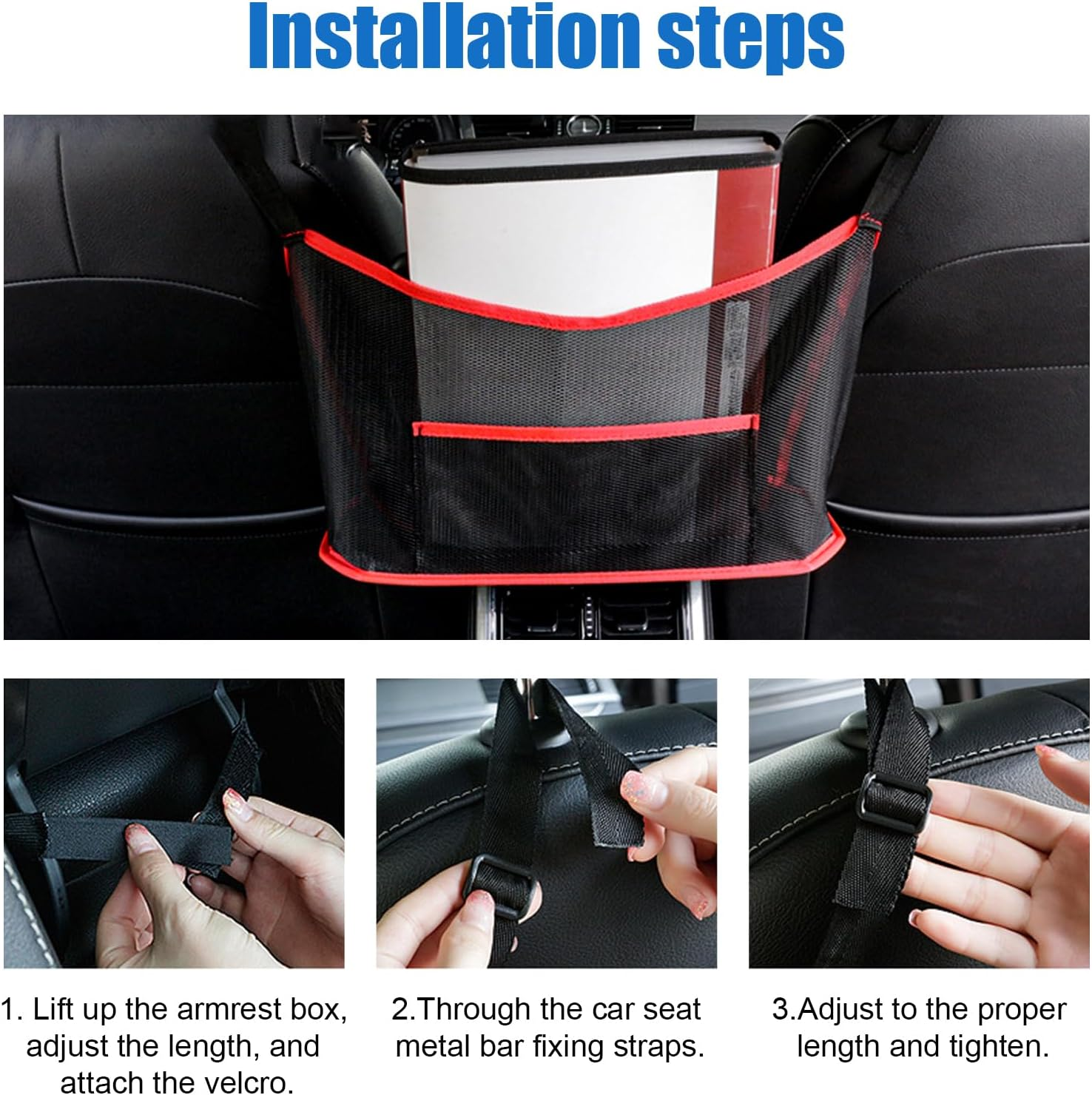 Ziciner Car Net Pocket Handbag Holder, Organizer Mesh Bag between Two Seat, Driver Storage Netting Pouch for Handbag Purse, Barrier of Backseat Pet Kids, Car Accessories for Women Men (Black&Red) - Black image number 2
