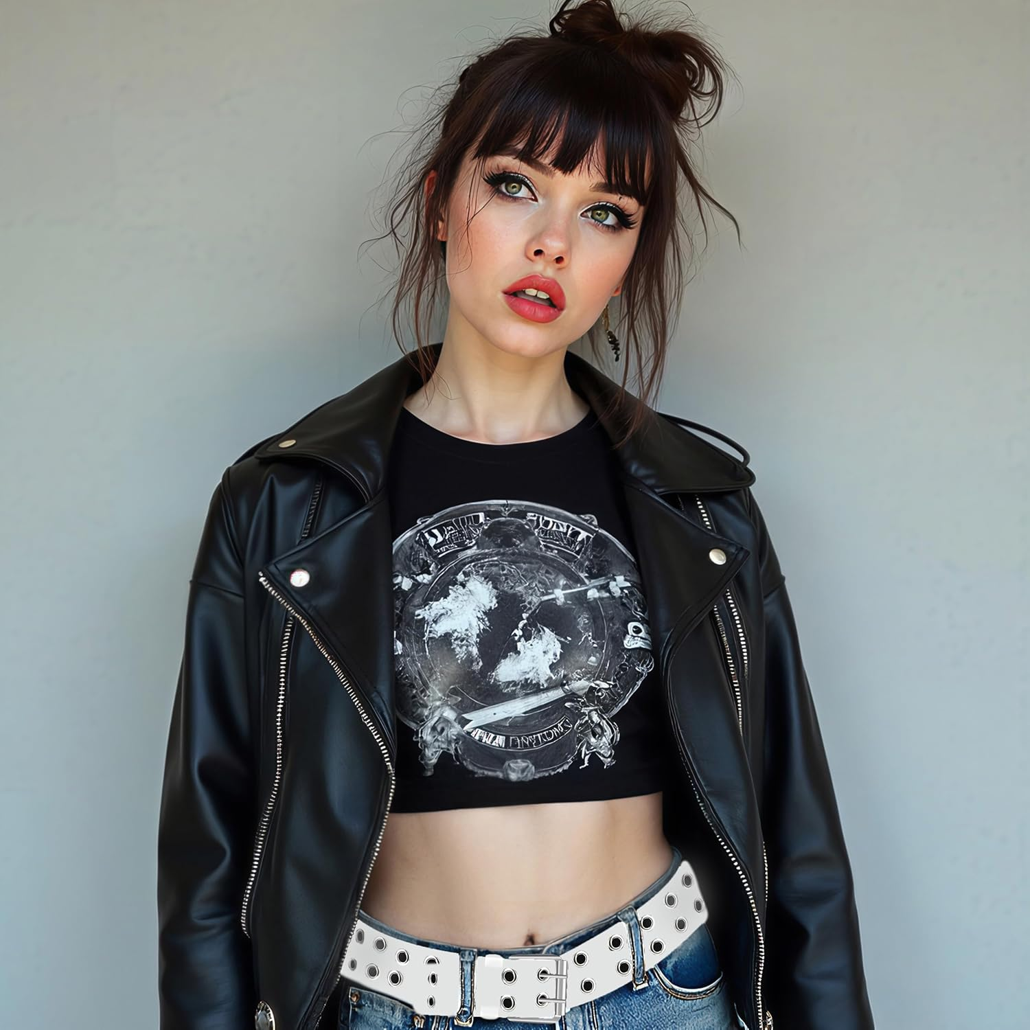 Double Grommet Leather Belt - PU Leather - Double Prong Belt Buckle - 2 Hole Grommet Belt for Women Men by Belle Donne image number 4