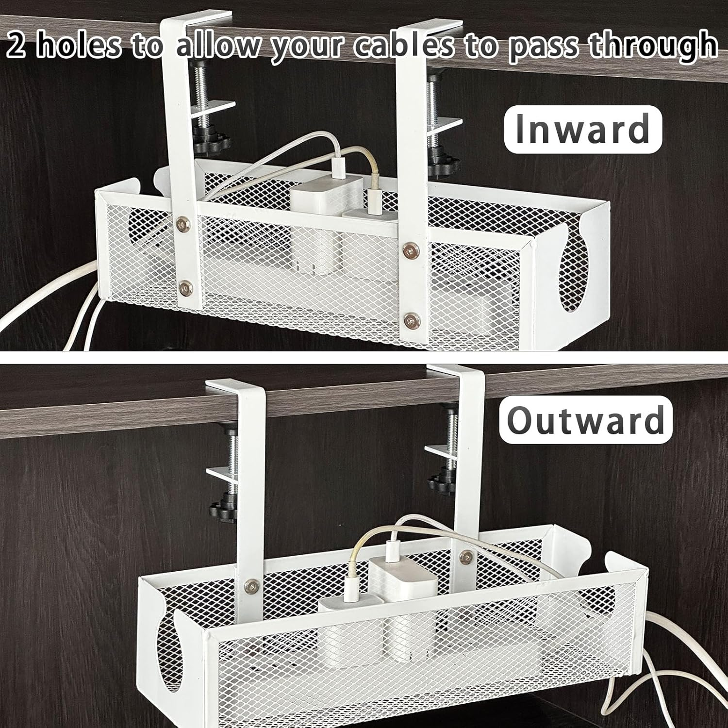 Under Desk Cable Management Tray - Easy Clamp Mount, No Drill Steel Organizer - Neat and Tidy Wire Storage for Home, Office, and Standing Desks (White) image number 3