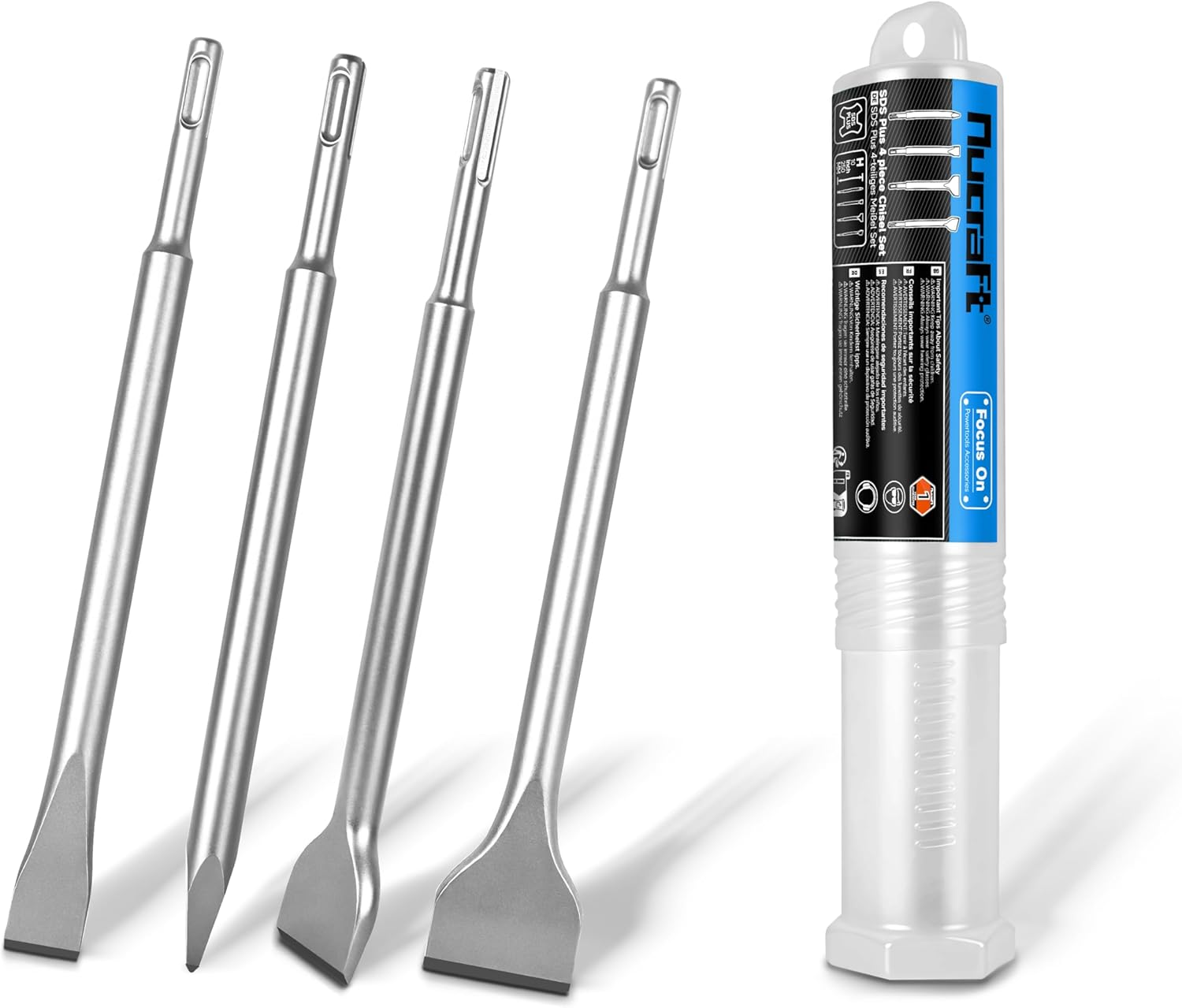 Nucraft SDS plus Chisel Set, 4 Piece Steel Tool Set (Wide, Flat, Pointed) Tile Chisels, Suitable for Masonry, Bricks, Walls, Granite, Concrete Rotary Hammer Chisels image number 2