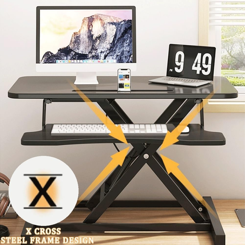 Standing Desk Converter, 80Cm Wide Height Adjustable Sit Stand up Desk Riser with Keyboard Tray, Desktop Workstation Riser for Home Office Computer Laptop, Particle Board (White) image number 4