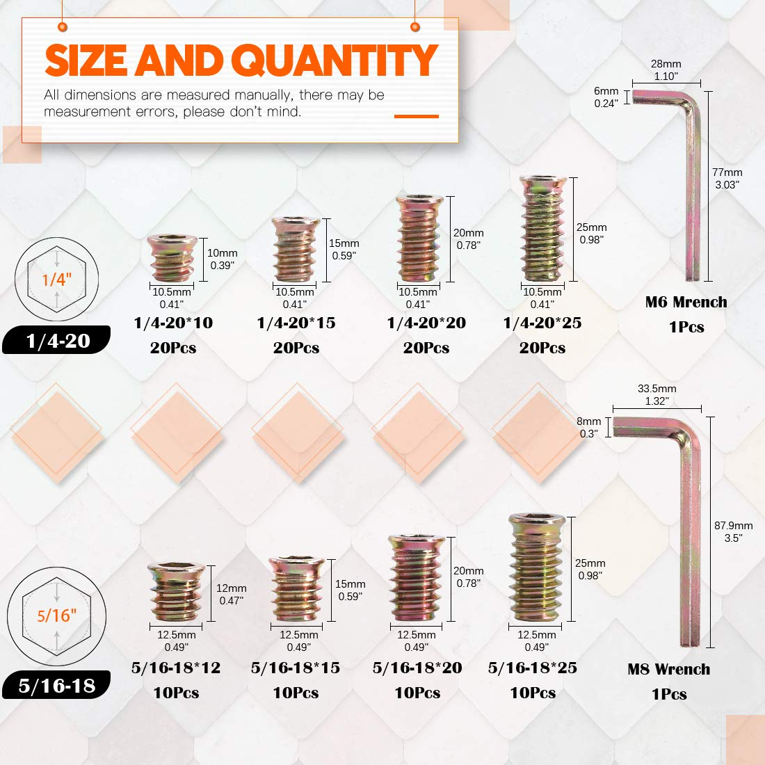 Rustark 120 Pcs 1/4" and 5/16" Carbon Steel Zinc Plated Color Threaded Insert Nuts Assortment Set Screw-In Nut Hex Socket Drive Wood Bolt Fastener Connector for Wooden Furniture image number 2