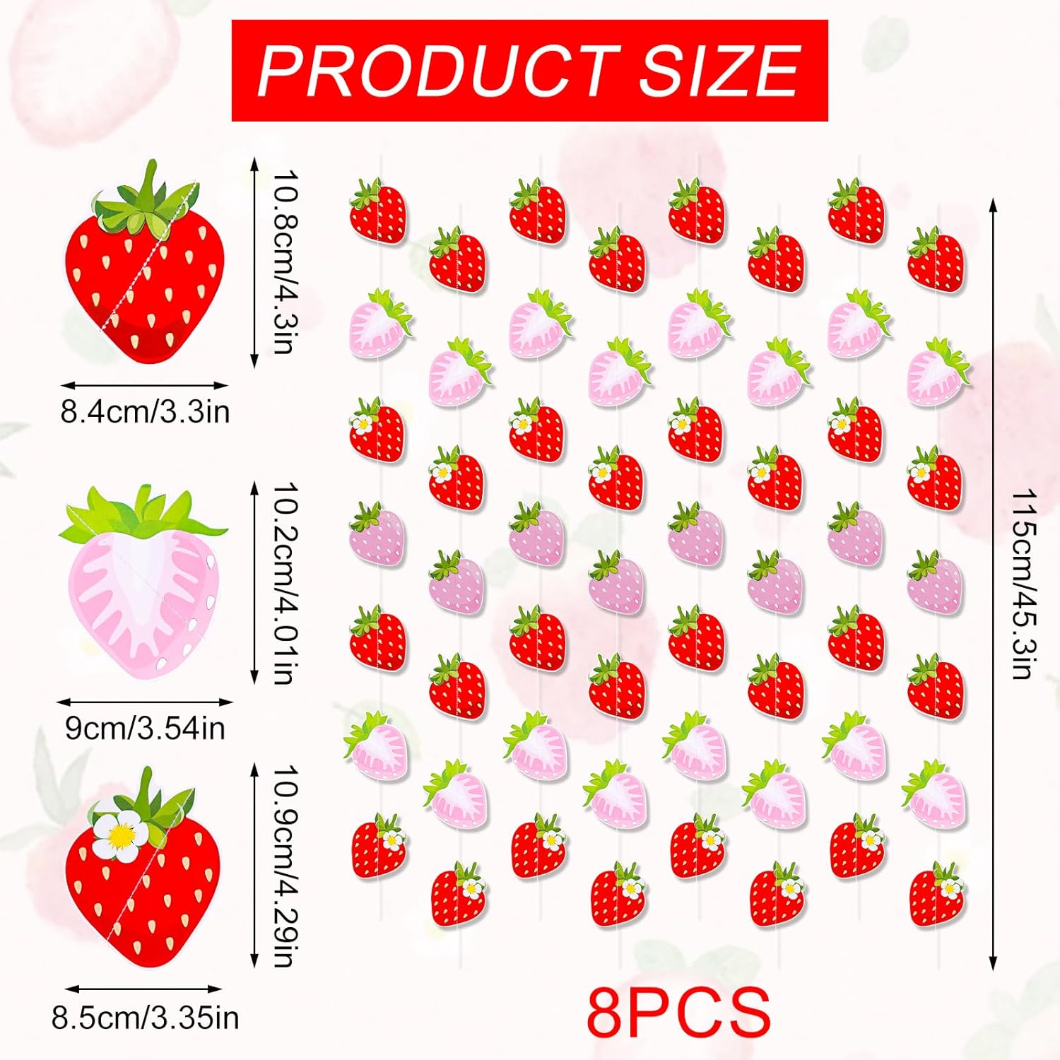 8Pcs Strawberry Banners, Red Pink Strawberry Hanging Banner Strawberry Banner Garland Strawberry Party Decorations for Birthday Party Baby Shower Party Decorations image number 5