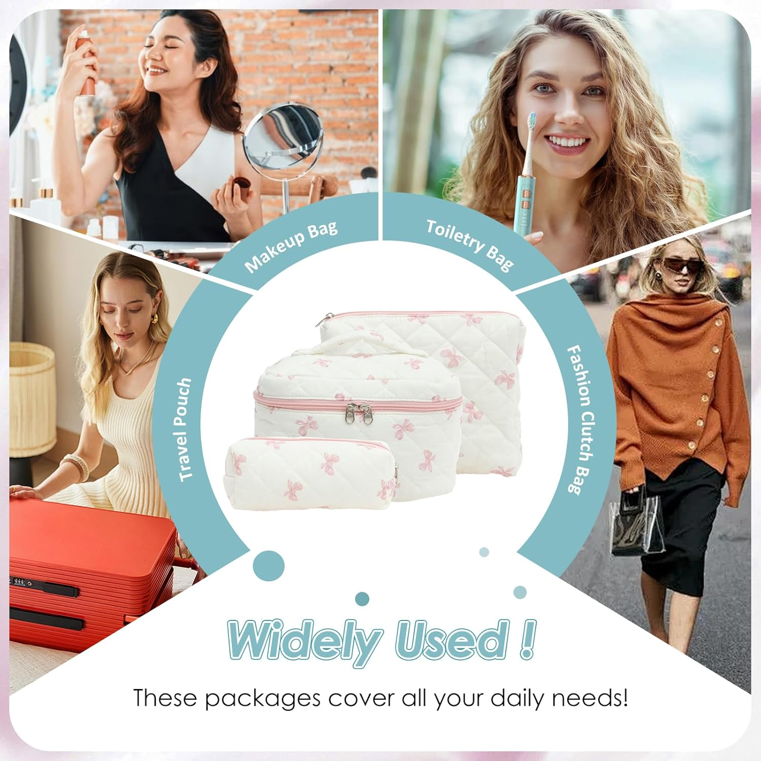 DJAPWPX 3 Pcs Makeup Bag, Cotton Quilted Cosmetic Bag, Cute Travel Makeup Pouch, Multifunctional Cosmetic Pouch Set for Women Girls Ladies (Pink) - Pink image number 5