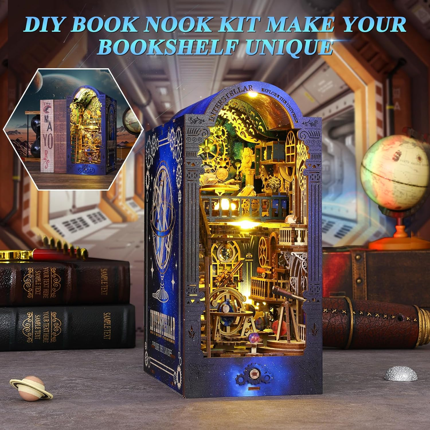 Spobot DIY Book Nook Kit Dollhouse Magic Booknook Bookshelf Insert Decor 3D Wooden Puzzle Bookend Miniature Kit with Sensor Light Creative Craft/Home Decoration for Adult (Interstellar Exploration) image number 6