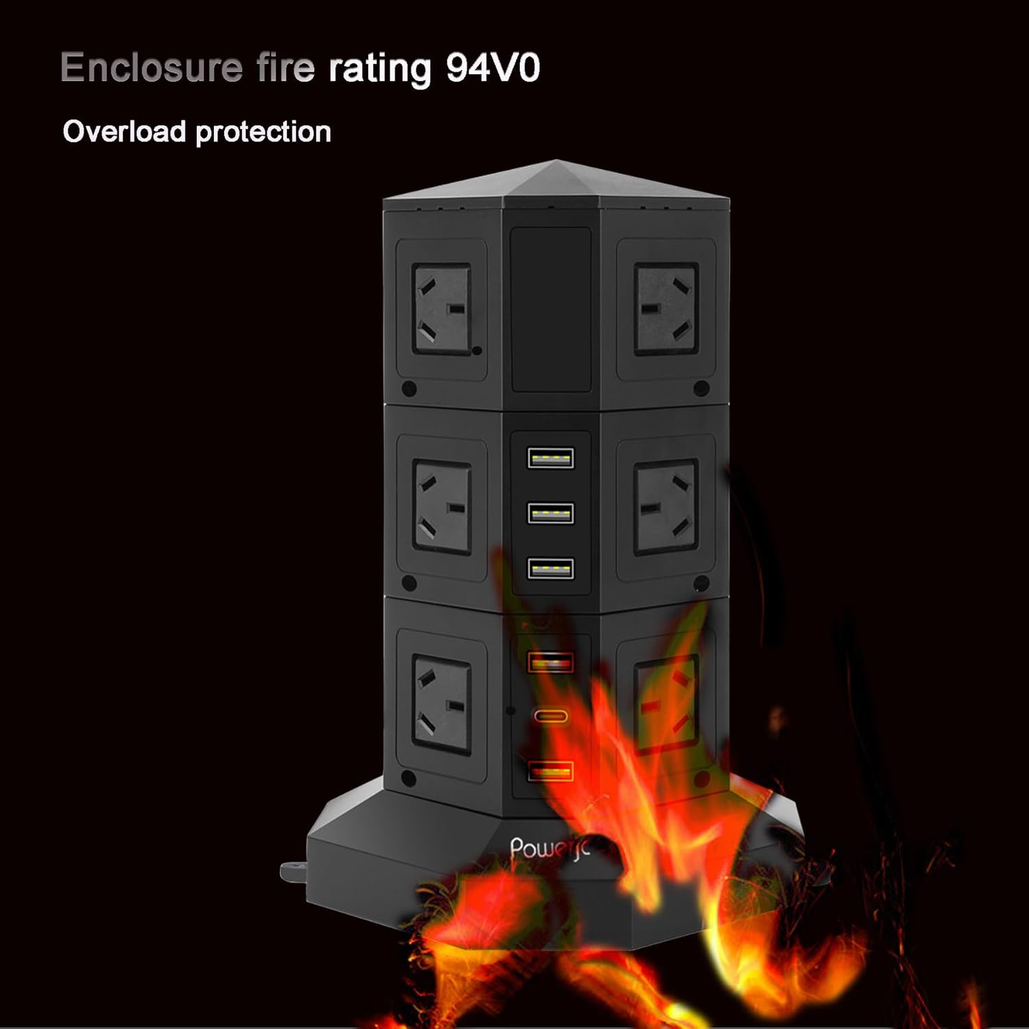Powerjc Tower Power Strip USB Surge Protector Socket 12 AC Outlets with 5 USB or 1 USB C PD 25W Totals 6A Ports Chargers 3M Long Extension Cord SAA Certified Black image number 5
