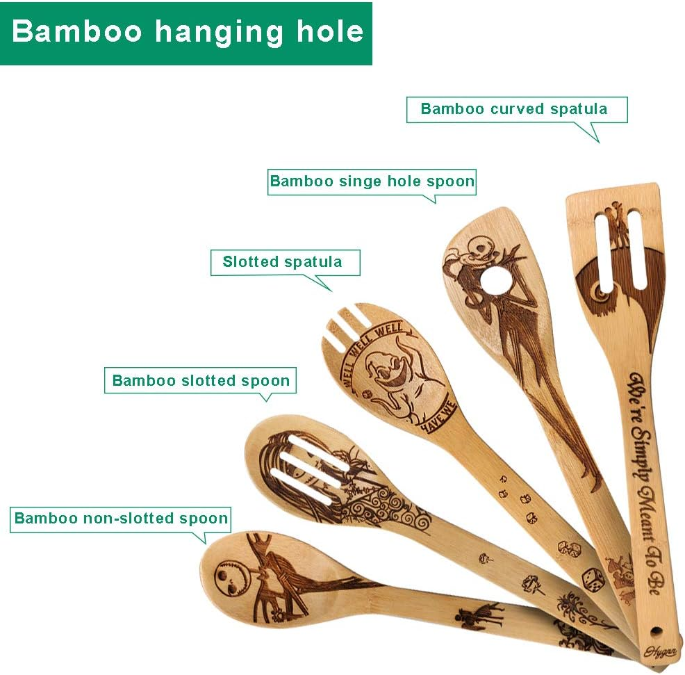 Idea Utensil Burned Wooden Spoons Set House Warming Wedding Present Slotted Spoon 5 Piece - Nightmare2 image number 5