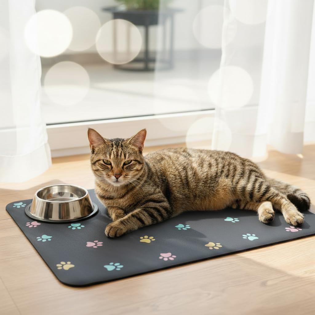 Cat Food Mat Absorbent Dog Mat for Food and Water Non Slip Quick Dry Dog Bowl Mats for Floors 19" X 12" Paw Dark Gray - Paw Light Gray image number 4