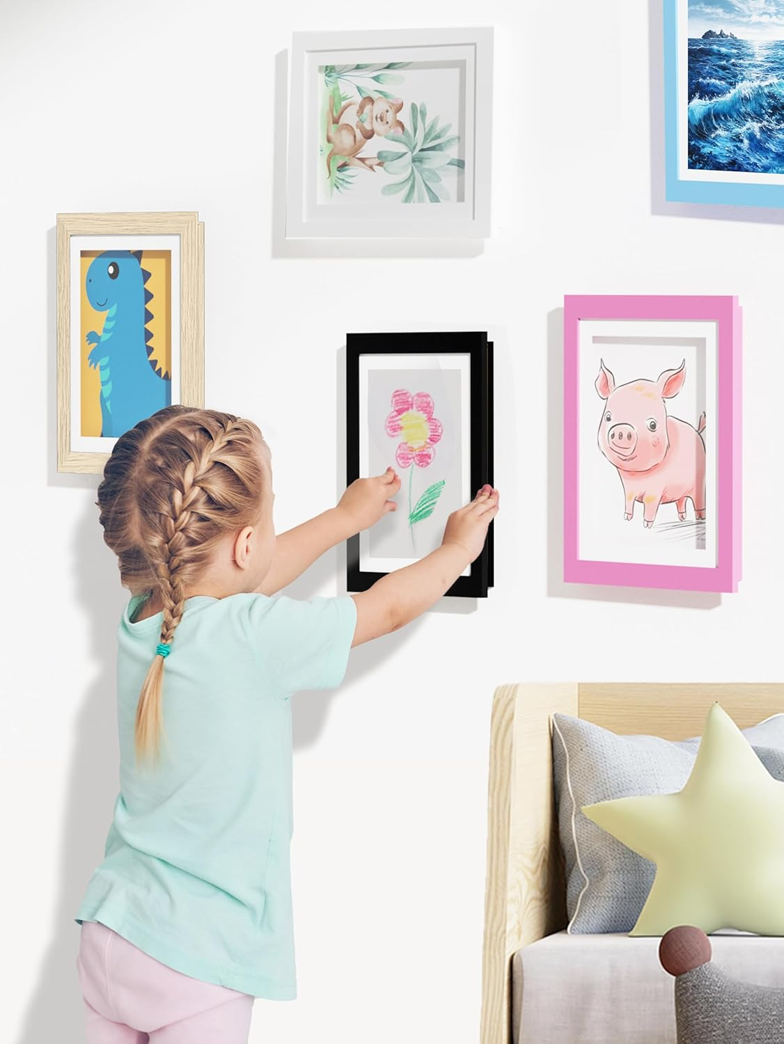 Orionstar 2 Pack Kids Art Frames, Artwork Picture Frames Changeable, Front Opening Picture Display Frames 11.8X8.5 Holds 100 A4 Pcs, Artwork Storage Frames for Children, Home and Office, Wood image number 4