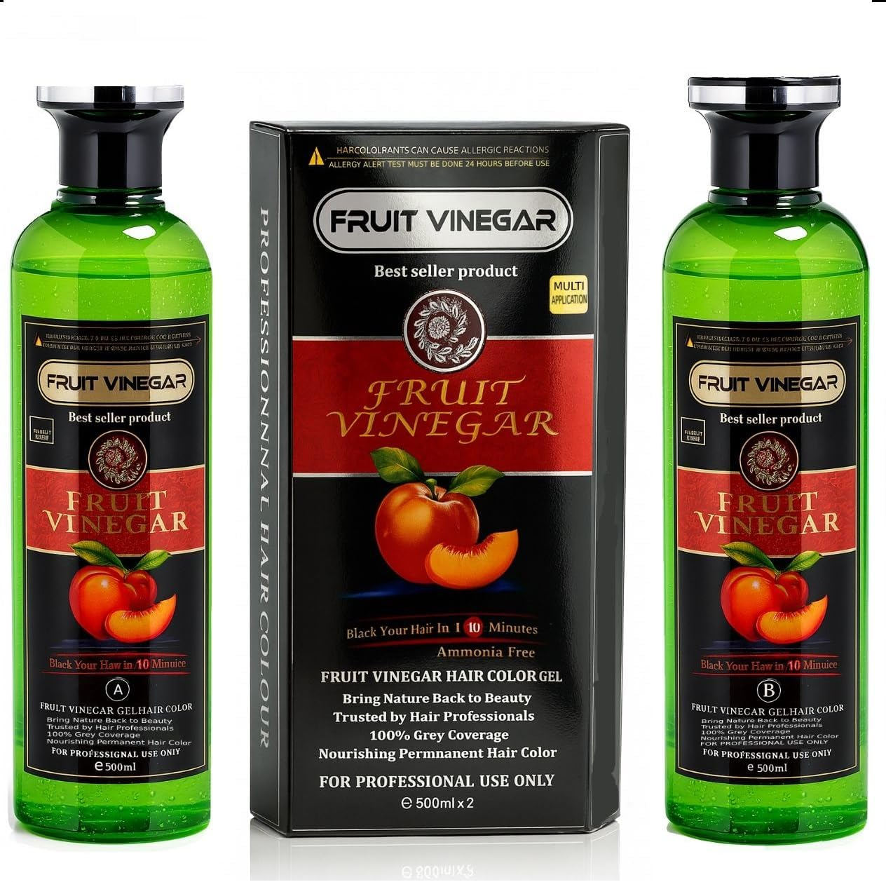 FRUIT VINEGAR Ammonia Free 10 Minutes Hair Color Colour Gel a + B 500 ML Each Black/Natural Black (H)