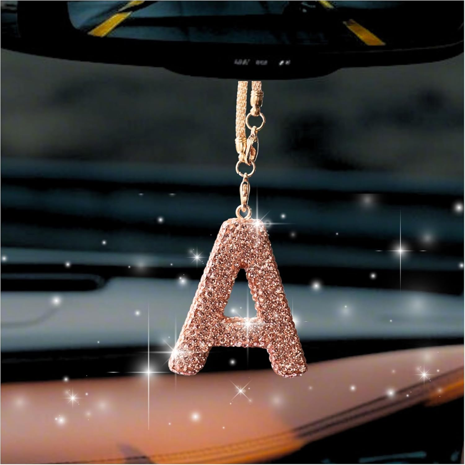MOTOFITOOL Bling Car Accessories for Women Letter Charm, Rainbow Crystal Rearview Mirror Pendant, Cute Girly Diamond Rhinestone Car Decor for Women(A, Champagne Gold) image number 1