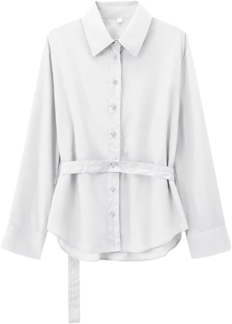 Womens Solid Color Fitted Belt Shirt Loose Casual Long Sleeve Top Button down Office Work Blouse