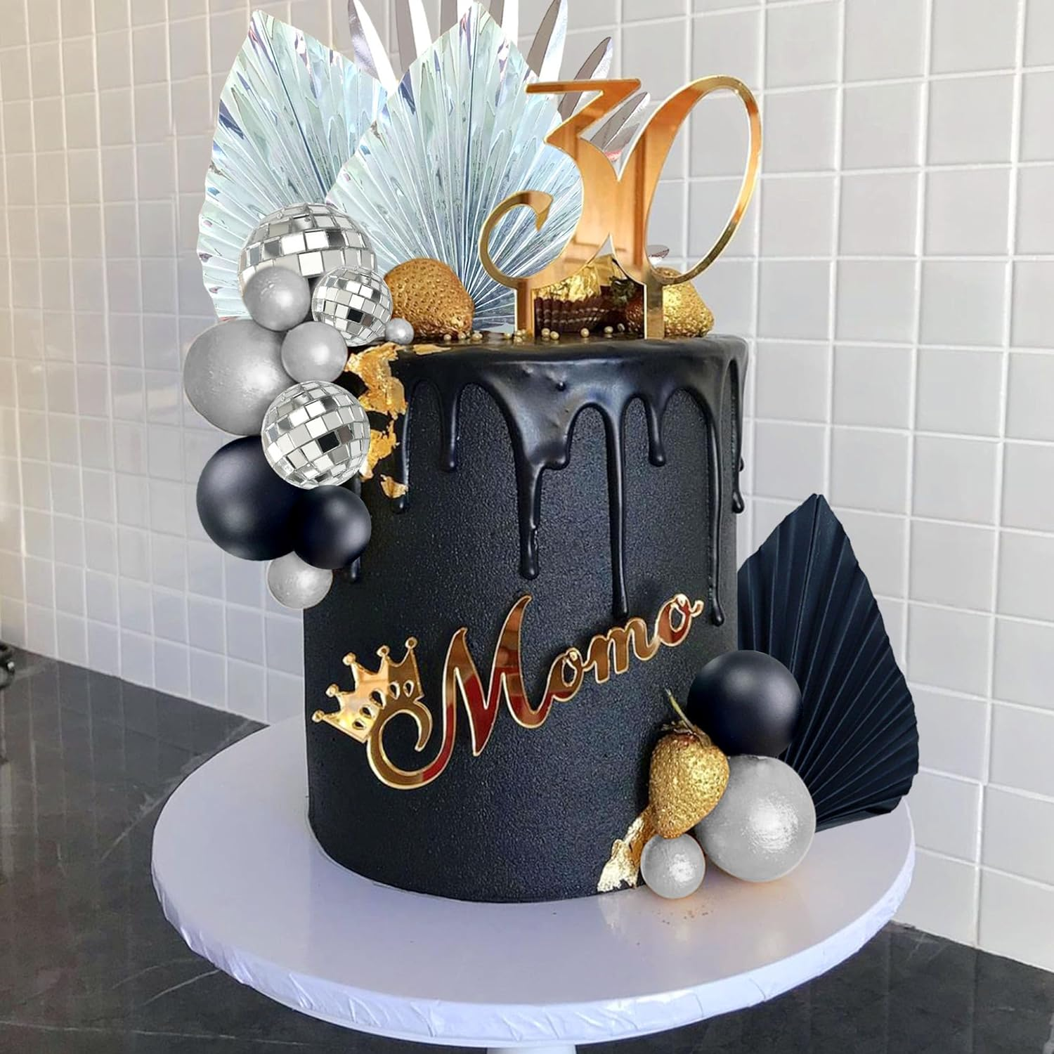 Jevenis Black Sliver Disco Balls Cake Decoration Silver Palm Leaves Cake Decoration Stars Cake Decoration 70S Party Supplies 70S Birthday Cake Decoration Disco Bachelorette Party Supplies image number 6