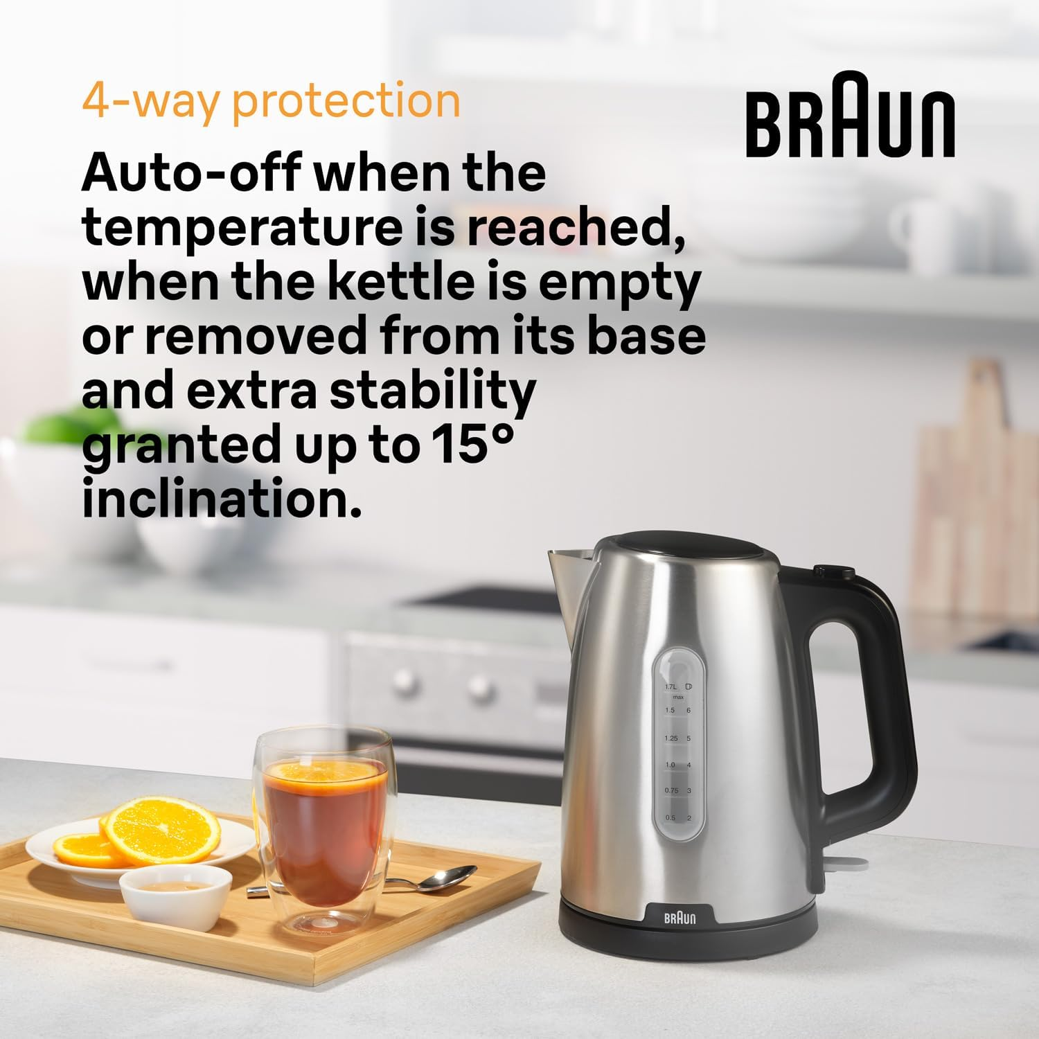 Braun Household Purshine WK1500BK, Electric Kettle with 360&deg; Rotating Base, Water Level Indicator, Cable Storage, Auto Shut-Off Function, 1.7L Capacity, 2200W, Black - White image number 4