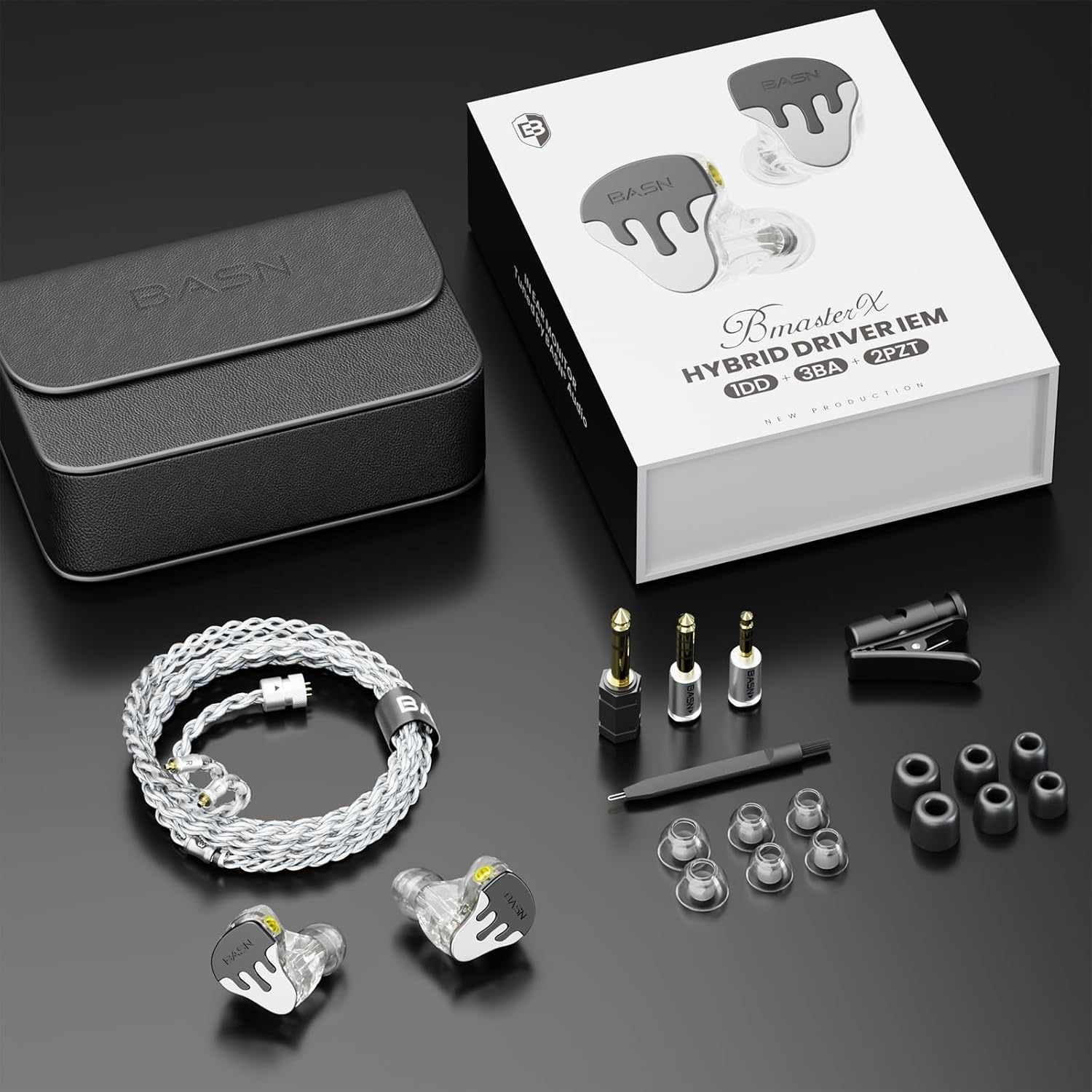 BASN Bmasterx in Ear Audio Monitor, Hybrid 6 Drivers IEM Earphones with Crystal Clear Sound, Detachable Cable plus Carrying Case & Fit Kit for Musician, Stage, Studio (3.5Mm/4.4Mm Jack, Black/White) - Deep Black  Silver image number 2