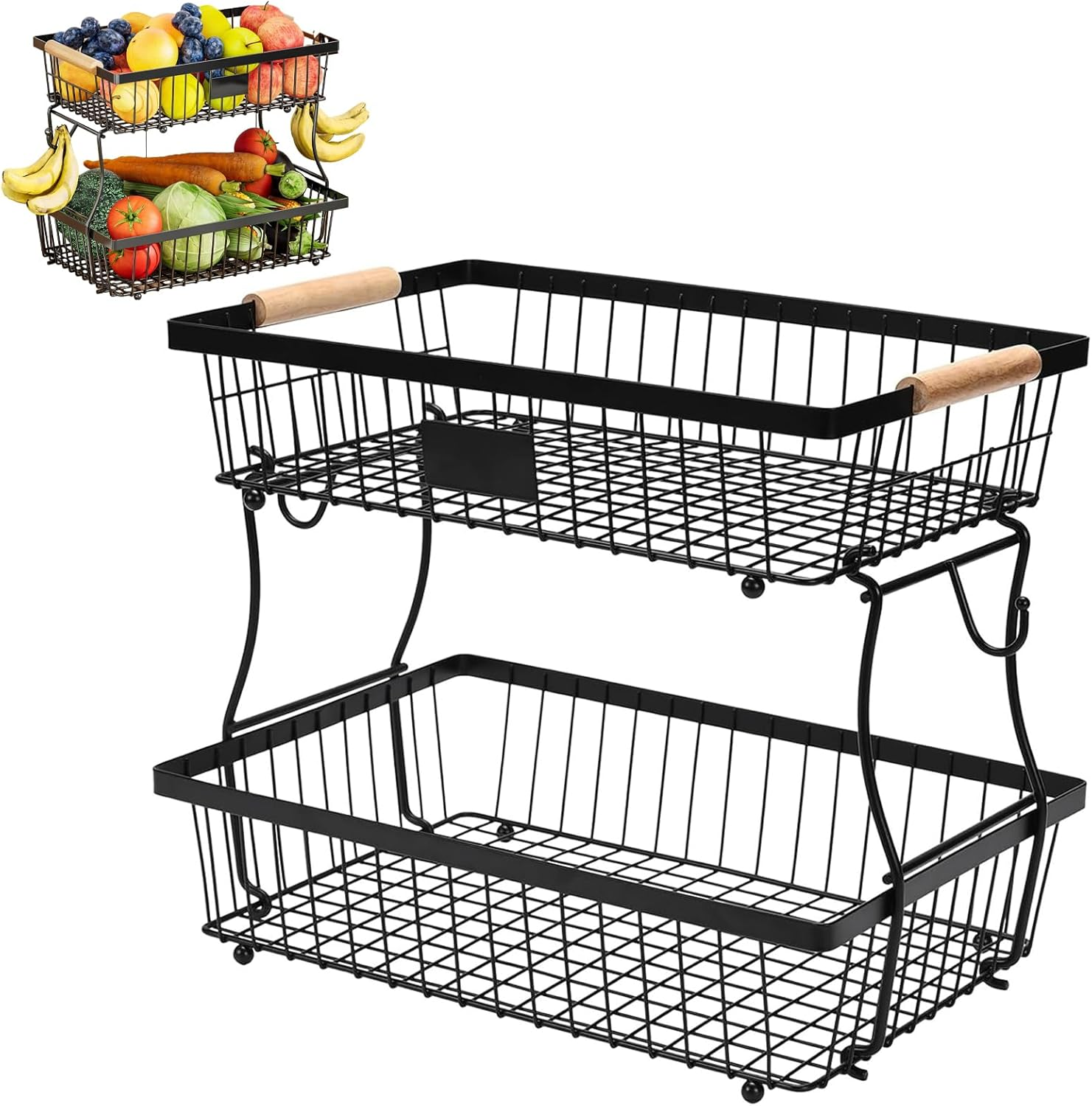 2-Tier Fruit Basket, Detachable Vegetable Basket Bowl with 2 Banana Hangers, Kitchen Countertop Fruit Stand Holder, Metal Wire Storage Organizer for Bread Snack Veggies Produce, Black 41*24*29Cm image number 6