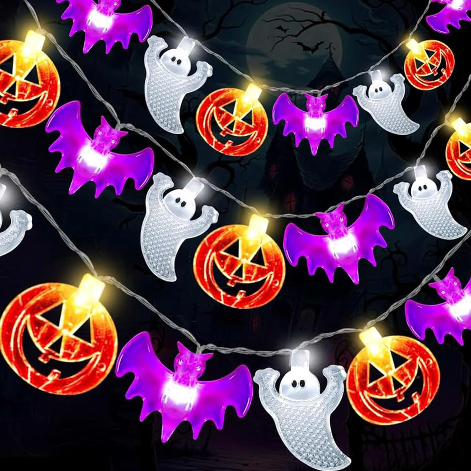 Halloween Fairy Lights, Pack of 3 Ghost Bats Pumpkin Fairy Lights, 3 Metres, 20 Leds, Orange Pumpkins, Purple Bats, White Ghost Lights, for Halloween Decoration, Carnival, Porch, Window image number 1