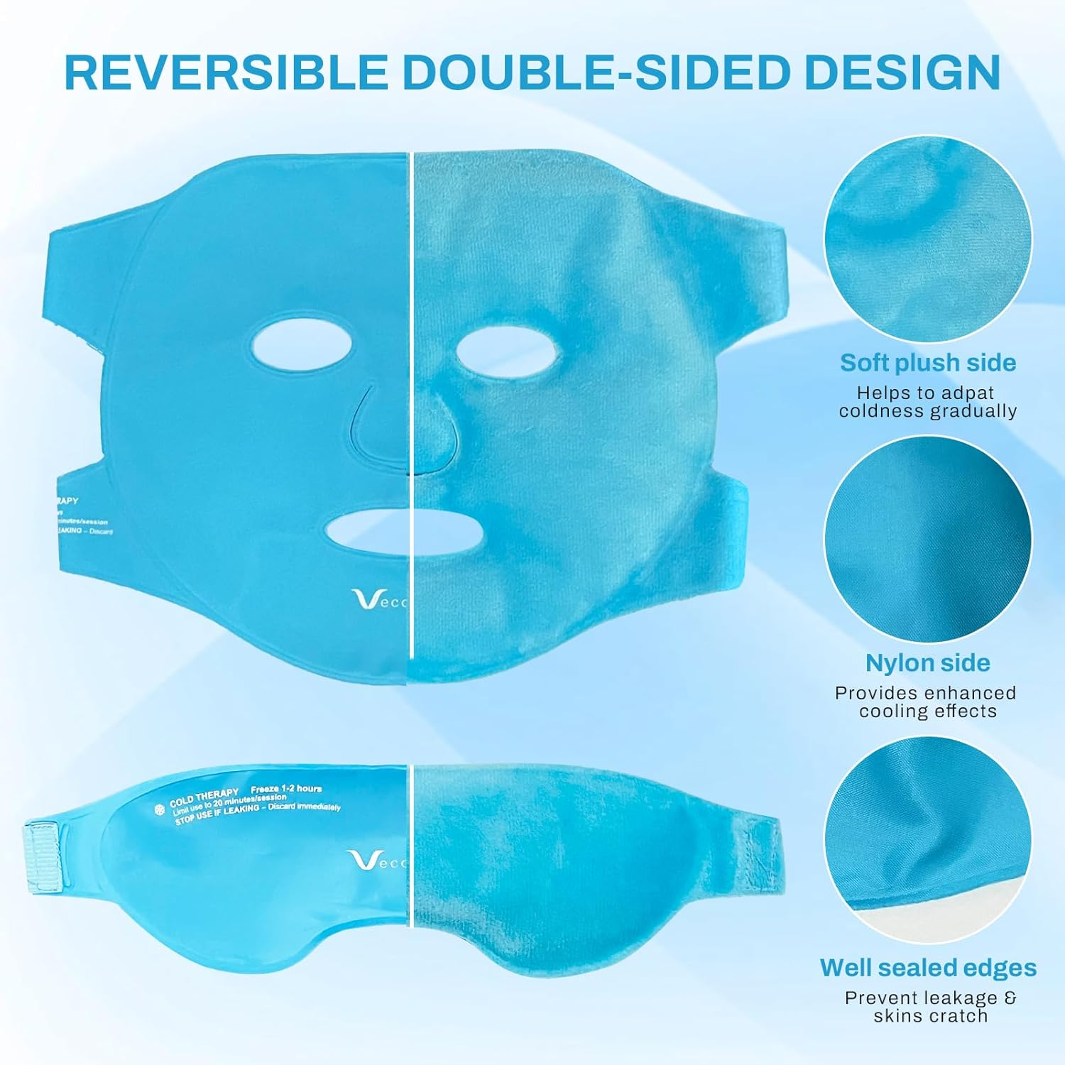 Vecozey Cooling Ice Face Mask & Gel Eye Mask Set, Dual-Sided Cooling Face and Eye Pack for Puffy Eyes, Headaches, Face Swelling, Migraines, Reusable Hot Cold Compress with Plush & Nylon Comfort Fit image number 4