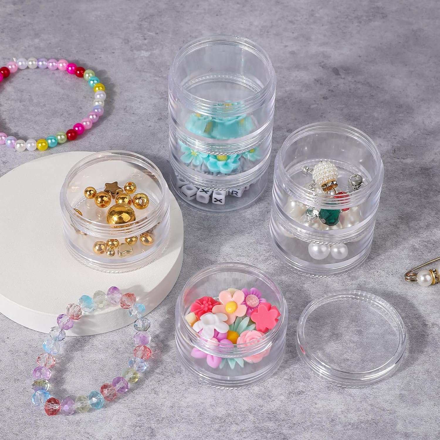 Wzenclave 36Pcs Transparent Stackable Jars round Plastic Container with Clear Lid Jewelry Bead Storage Containers Small Travel Sample Jar for Seed Beads Diamond Drills and Other Jewelry Components