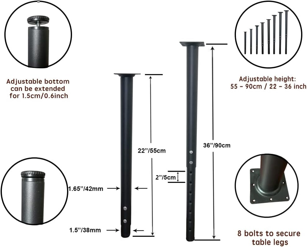 Jahof Adjustable Table Legs 22-36 Inch (55-90Cm), Metal Desk Legs &Oslash;42/38 Mm with Screws, Telescopic Legs for Tabletops, DIY Desk, RV, Home and Office (4Pcs, Black)
