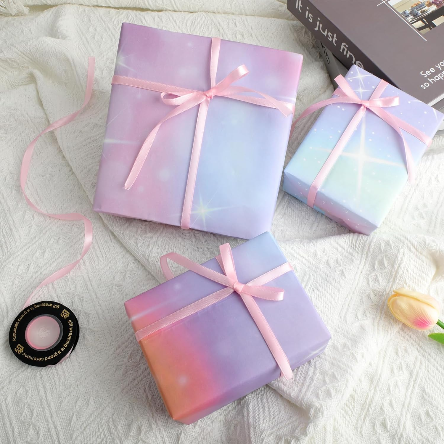 ZCOINS 4 Sheets Gift Wrapping Paper 70 X 50CM for Girls Women Birthday, Aurora Rainbow Purple Pink Gift Wrapping Paper with Ribbon for Mothers Day, Valentines Day, Wedding, Christmas - Cat image number 7