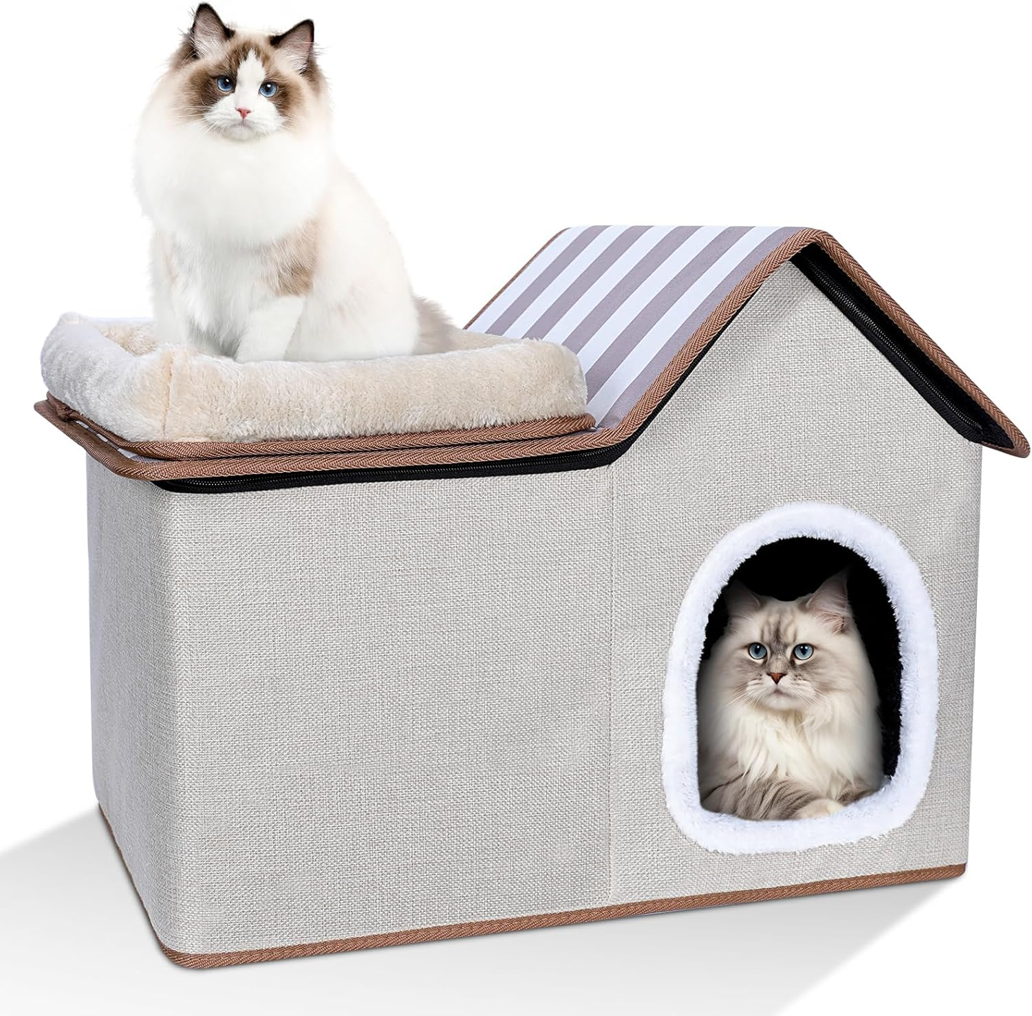 Cat House, Cat Nest with Soft Plush Mat, Removable Cushion, Roof and Windows, Indoor/Outdoor Cat House for Small Medium Cats, Gray